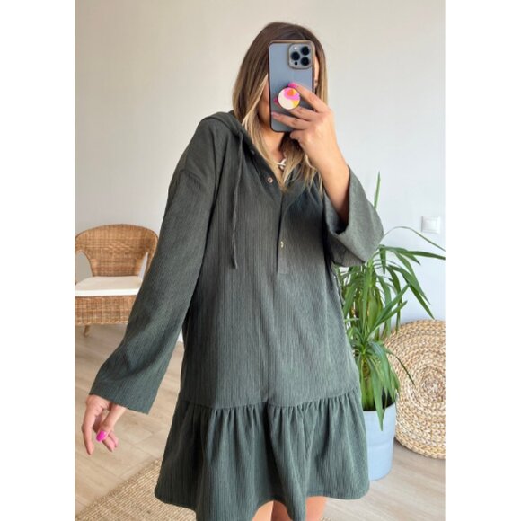 NWT ZARA Olive Green Hooded Ribbed Knit Henley Placket Mini Dress Size M - Picture 2 of 12